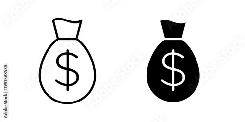 Money bag icon in solid fill style, displayed in black on white background. Ideal for finance, savings, profits, and wealth-related interfaces.