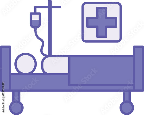 Purple Patient Icon. Vector Icon. Sick Person Lying on a Gurney with an IV. First Aid, Cross. Emergency Concept