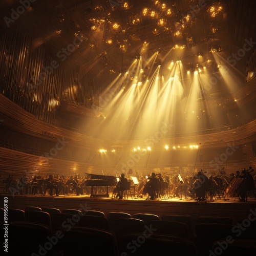 Maestro conducting symphony orchestra in dramatic concert hall with warm, golden spotlight ambiance