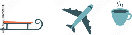 Minimalist icon set featuring a winter sled an airplane and a hot cup of coffee representing travel and seasonal leisure