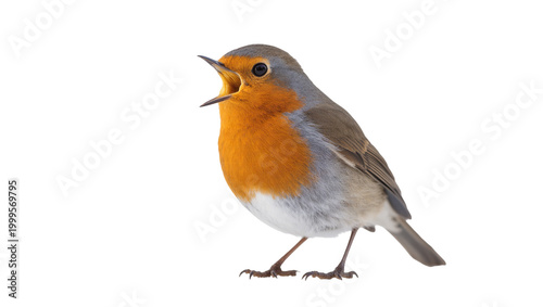 Photos Singing European Robin with Orange Breast and Gray Wings