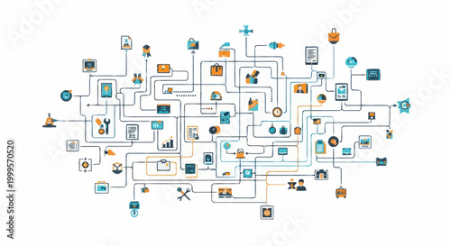 Konstfotografi Abstract network of interconnected digital icons and symbols.