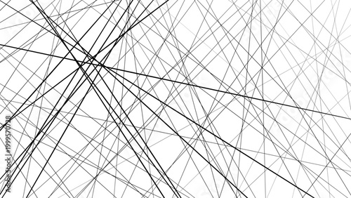 Konstfotografi Abstract Chaotic Black Lines Crossing Pattern on White Background – Dynamic Geom