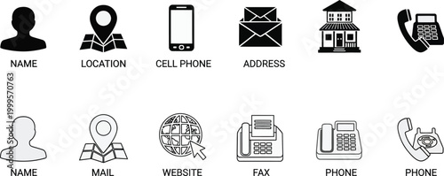Communication and contact icons set black silhouettes on white background