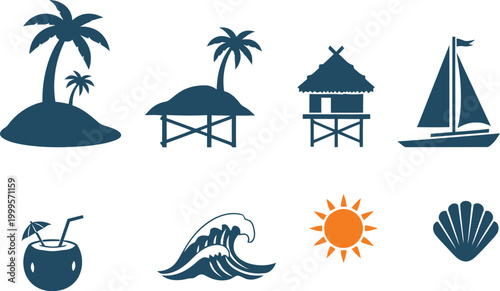 Set of tropical summer beach icons with palm trees bungalow sailboat coconut drink ocean wave sun and seashell elements
