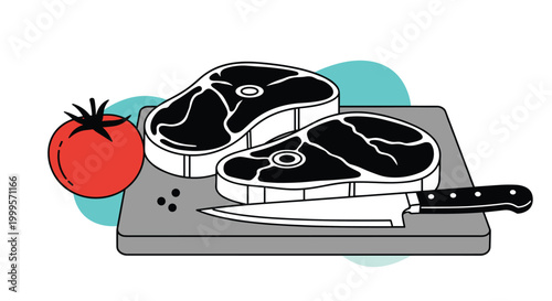 Raw beef steaks resting on a cutting board are prepared for cooking with a whole tomato, black peppercorns, and a sharp professional knife.