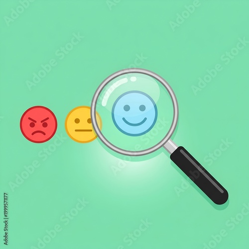 magnifying glass examining emoji faces for emotions and customer feedback analysis on teal background