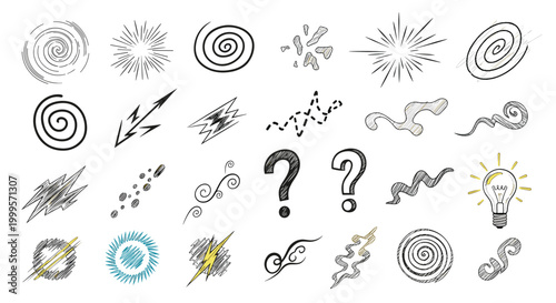 Diverse collection of hand-drawn symbols features spirals, lightning bolts, question marks, and a lightbulb used to represent ideas and energy.