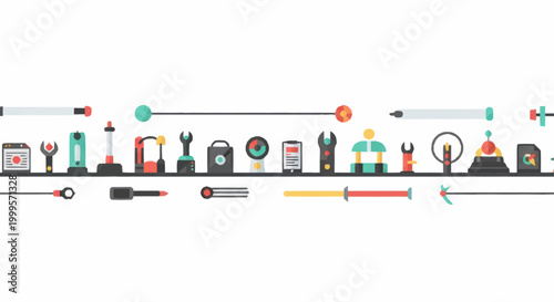 Tableau sur toile Collection of Tools and Equipment Icons Arranged in a Line.