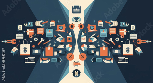 Digital Technology Icons Arranged Symmetrically.