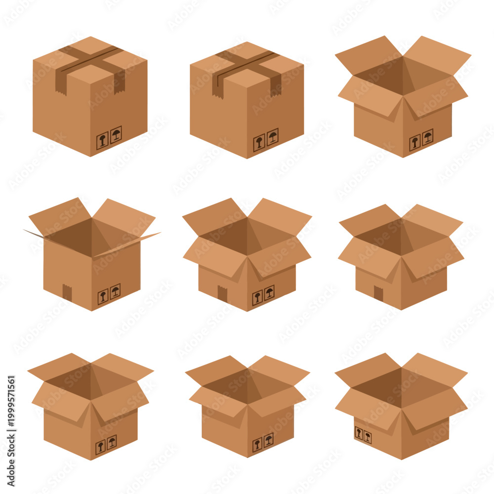 Fototapeta premium Cardboard Boxes Set: Closed, Open, and Empty Shipping Containers Icons