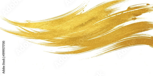 Dynamic and elegant golden brush strokes sweep gracefully across a pristine white background, creating a luxurious and artistic shimmering effect, perfect for sophisticated design elements.