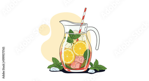 Refreshing glass pitcher of homemade lemonade filled with ice, lemon slices, and fresh mint leaves is perfect for a hot summer day hydration.