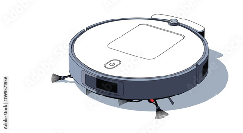 Modern robotic vacuum cleaner in a sleek grey and white design is shown in a perspective view highlighting its sensors and cleaning brushes.