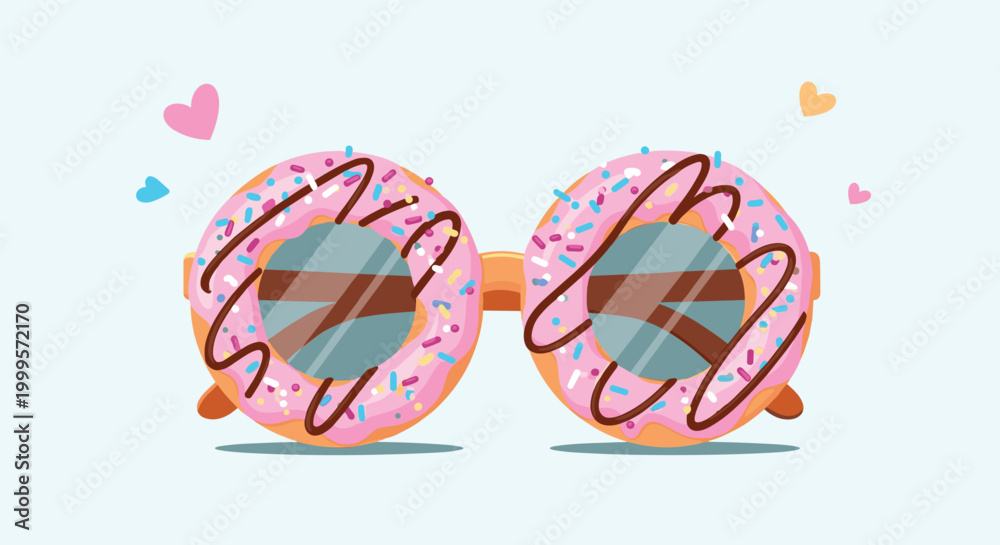 Fototapeta premium Fun party sunglasses feature frames shaped like pink glazed donuts with colorful sprinkles and dark lenses on a light blue background.