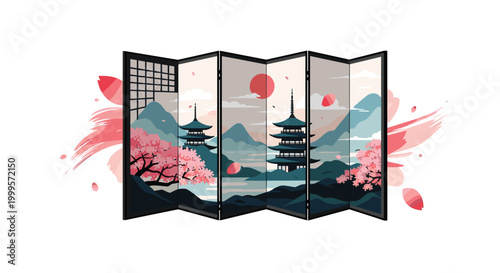 Traditional Japanese folding screen features a serene landscape painting of a pagoda, mountains, and blooming cherry blossoms at sunset.