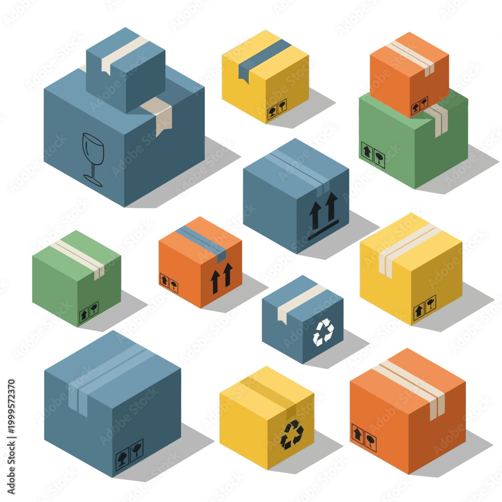 Fototapeta premium Isometric Cardboard Boxes Collection: Shipping, Delivery, Storage, Logistics, Packages