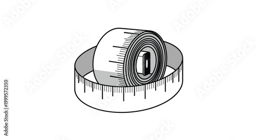 Roll of white flexible measuring tape with black markings and a metal end piece displayed as a 3D illustration on a white background.
