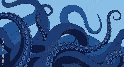 Numerous dark blue octopus tentacles with prominent suction cups reaching upwards against a solid light blue ocean water background.