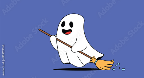 Adorable cartoon ghost holding a wooden broom and sweeping up blue glowing dust on a solid dark purple background for Halloween theme.
