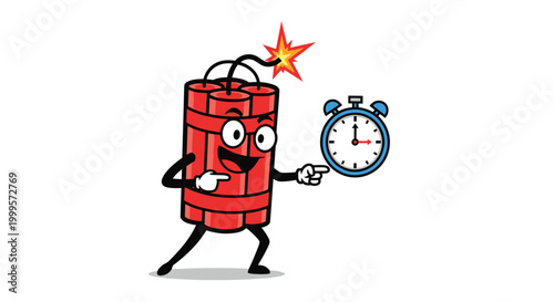 Humoristic cartoon character made of red dynamite sticks with a lit fuse pointing towards a blue alarm clock on a white background.