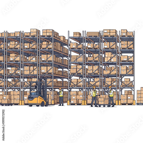 Warehouse interior with forklift and workers, organized storage racks filled with boxes