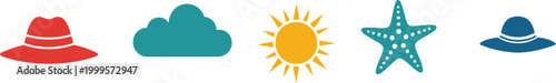 Set of colorful summer icons featuring a red hat, blue cloud, bright sun, starfish, and a blue sun hat for vacation design