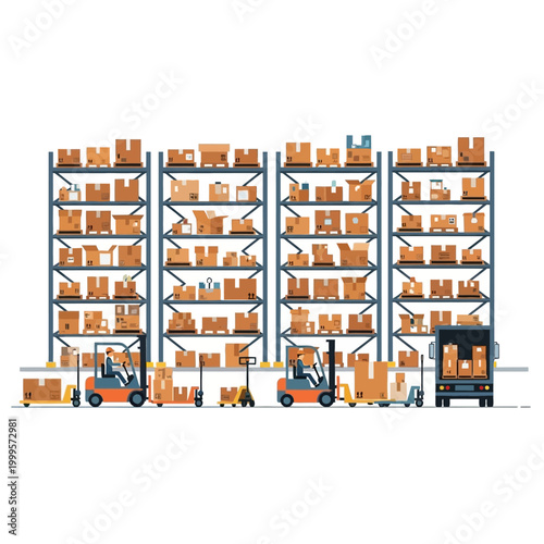 Warehouse interior with forklifts, pallets, and stacked boxes on shelves, logistics and delivery concept