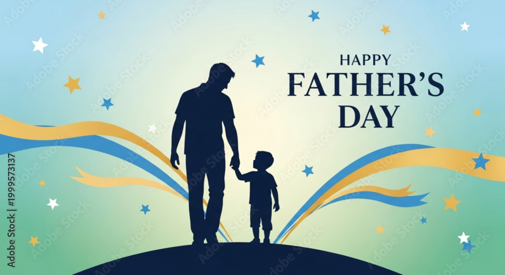 Naklejka premium Silhouette of father and son holding hands for happy Father Day graphic