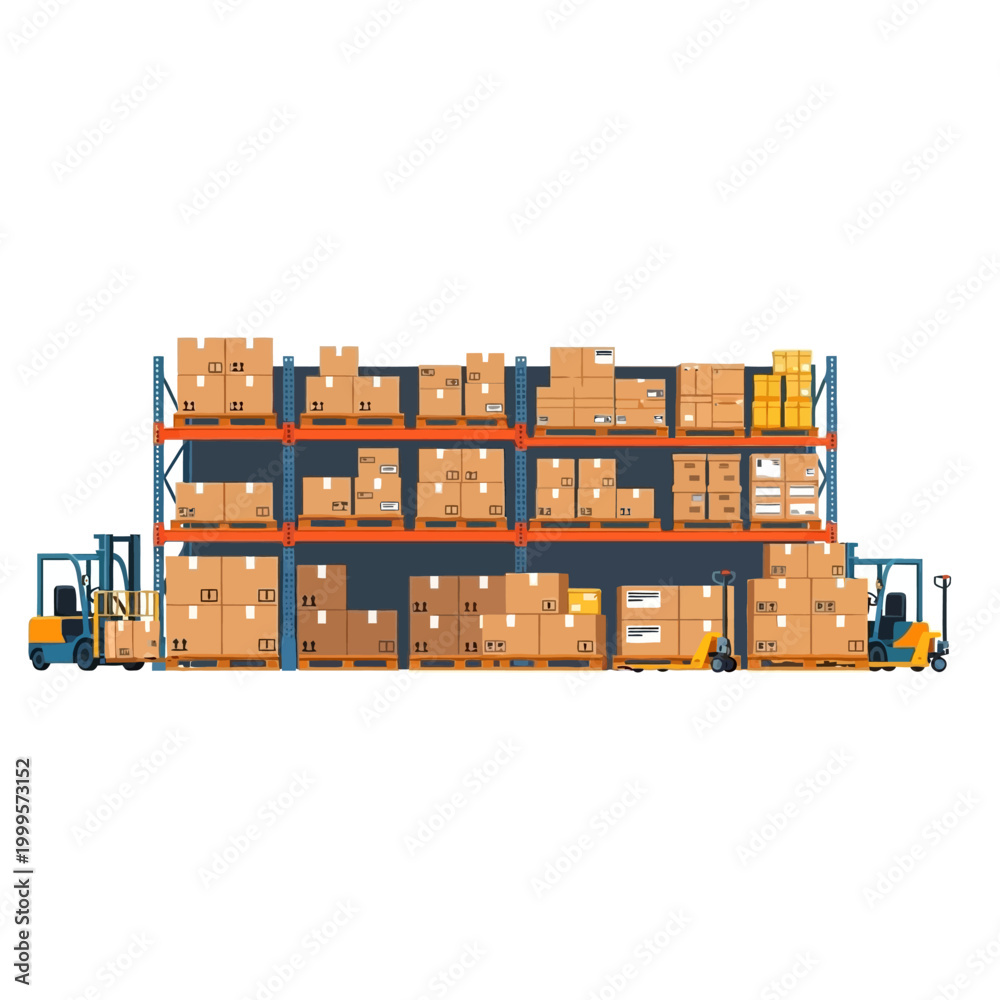 Fototapeta premium Warehouse interior with stacked boxes and forklifts, logistics and storage concept