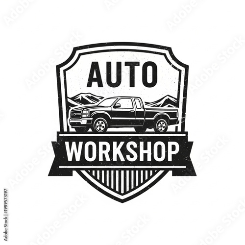 Auto Workshop Emblem with Pickup Truck and Mountains