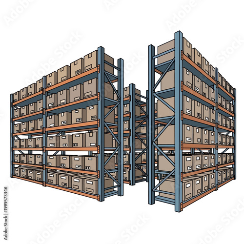 Warehouse Shelving Racks Filled with Cardboard Boxes, Industrial Storage System