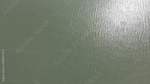 An aerial top down view showing bright sunlight reflecting off a slightly murky green water surface creating a beautiful shimmering effect as gentle ripples continuously move across it.

