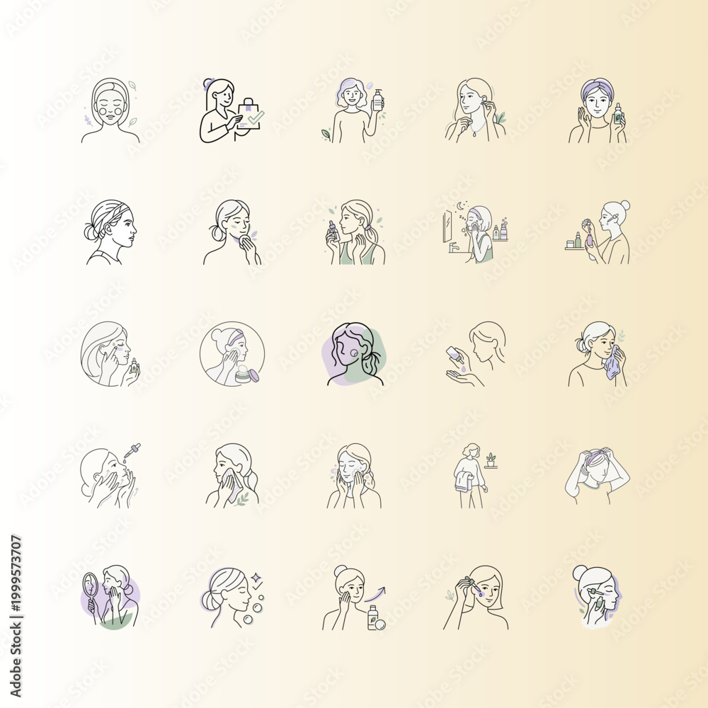 Fototapeta premium Line art icons of woman's skincare routine or Skincare steps icons in minimalist line art style