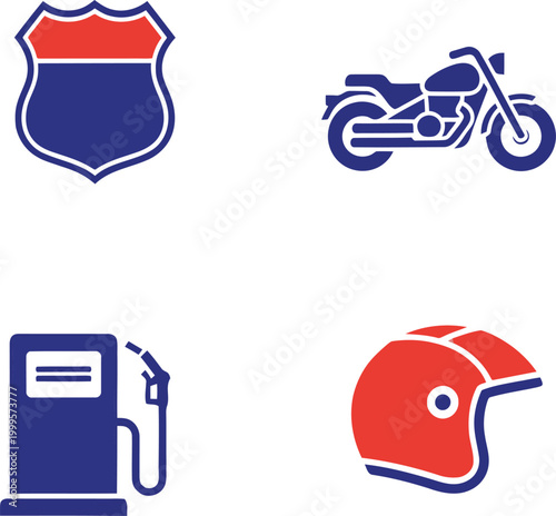 Set of motorcycle icons including a road sign, a motorbike, a fuel pump, and a protective helmet for riders and travel