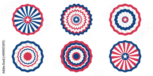 Paper fans and stars in American colors. Circle bunting garlands in red, white, and blue.patriotic decoration. July 4, independence day. for design poster, brochure, banner, website.