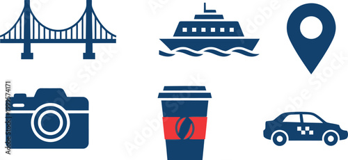 Set of travel and city life icons including bridge ferry location pin camera coffee cup and taxi car in blue color