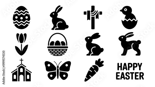 Happy easter holiday icons set with egg bunny cross chick tulip basket church butterfly carrot silhouettes