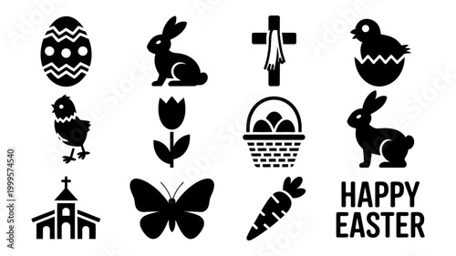 Happy easter holiday icons set with egg bunny cross chick tulip basket church butterfly carrot silhouettes