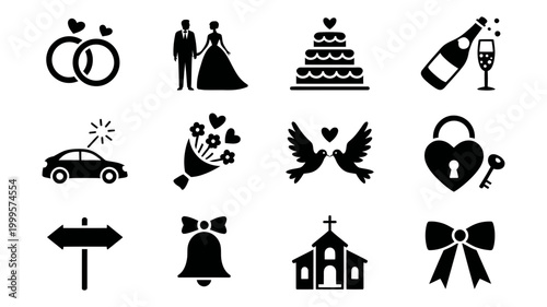 Collection of wedding icons: rings bride and groom cake champagne car bouquet doves padlock signpost bell