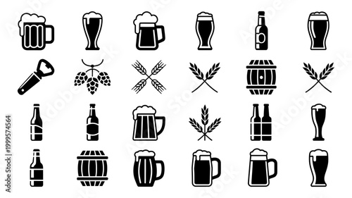 Collection of beer-related icons: mugs glasses bottles barrel hops wheat bottle opener with illustration