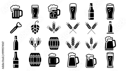Beer icons featuring mugs glasses bottles hops wheat barrel bottle opener illustration silhouette beverage