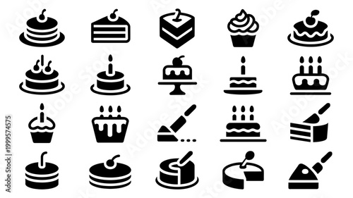 Assortment of cake and sweet dessert black silhouette icons with silhouette birthday celebration chocolate