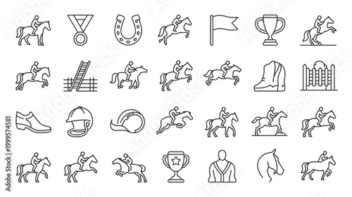 Equestrian horse riding and jumping sport line icon set with related gear equestrian competition eventing