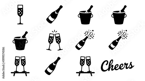 Champagne celebration solid black icon set with bottles glasses cheers text champagne celebration sparkling