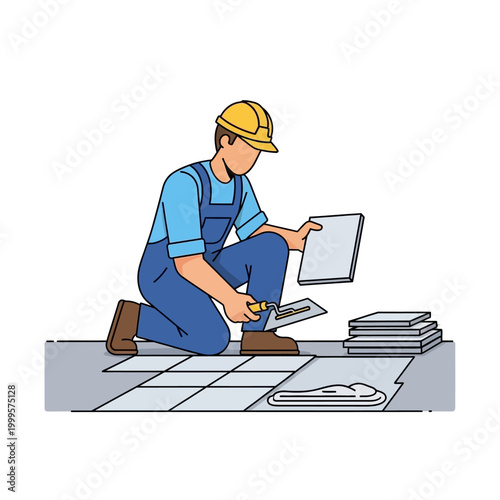 Construction worker tiling floor with trowel and tiles, skilled labor, home renovation