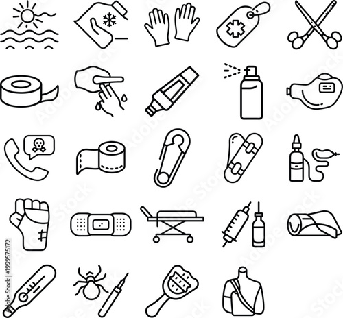 First aid kit icons set, medical emergency equipment line art, 24 healthcare and injury treatment symbols in EPS format for safety manuals