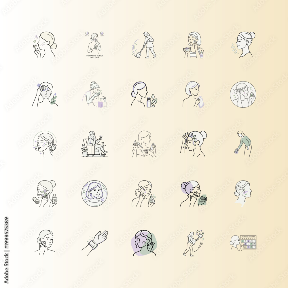 Fototapeta premium Skincare routine line art icons set or Woman applying skincare steps illustration