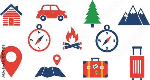 Set of travel and camping icons with cabin car mountain compass fire map and luggage for adventure and vacation design