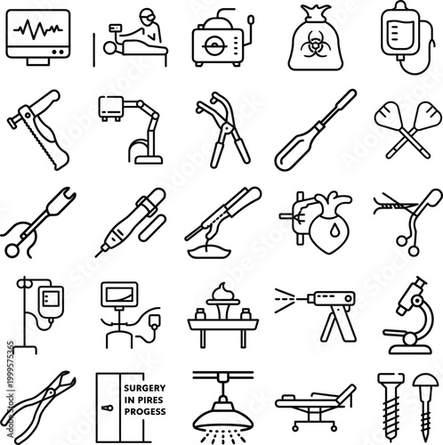 Medical surgery line icons set, 25 professional surgical equipment and hospital tool vector elements, healthcare operating room symbols